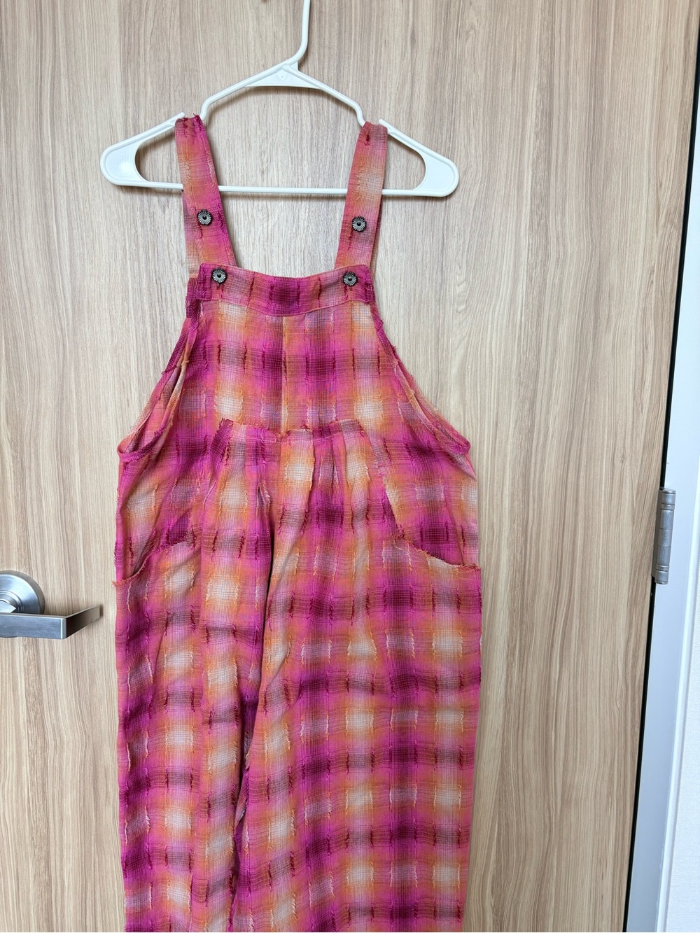 POL Pink and Orange Plaid Linen Blend Jumper Jumpsuit - Picture 2 of 5
